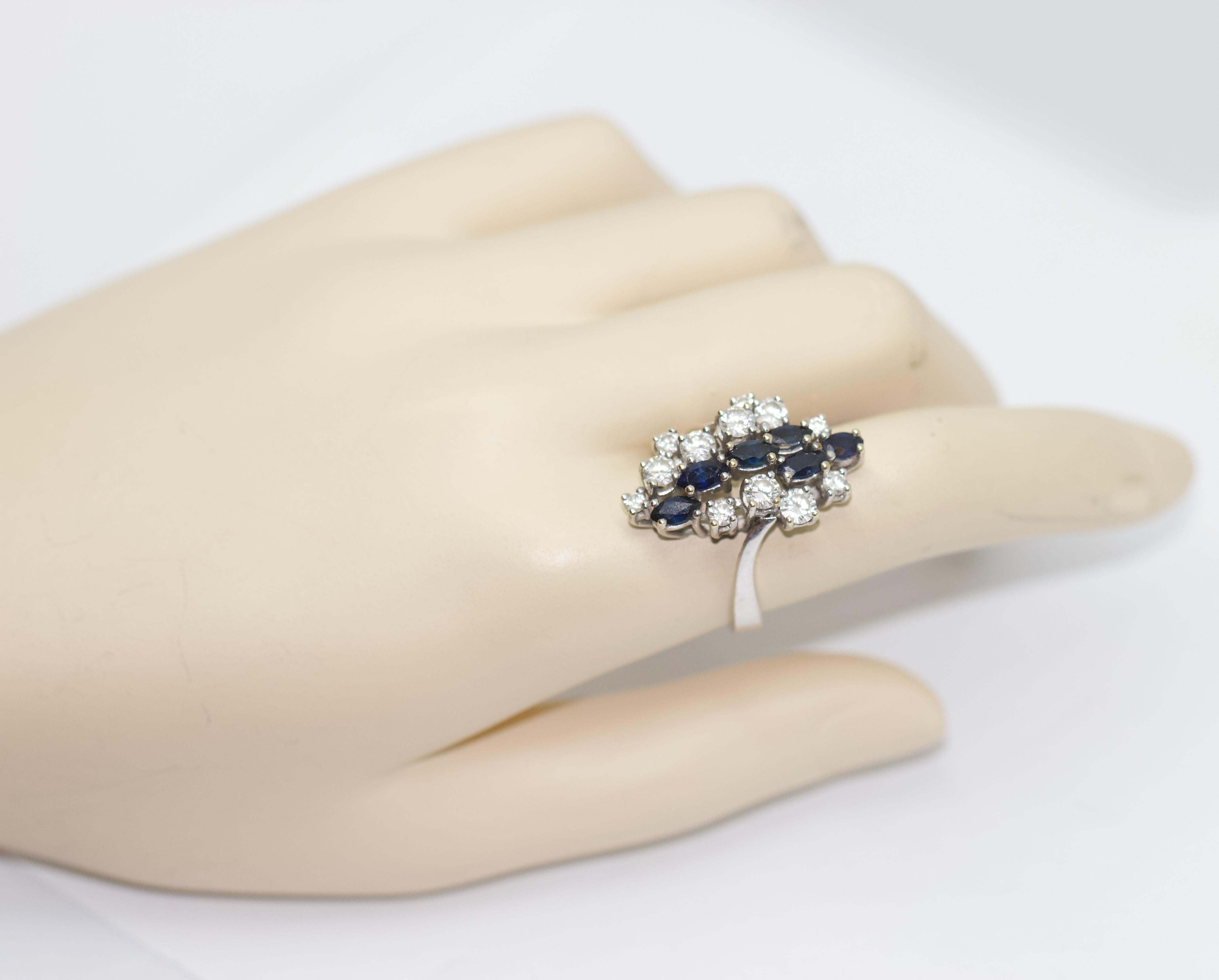 Women's 14 Karat White Gold Ring with Diamonds and Sapphires For Sale