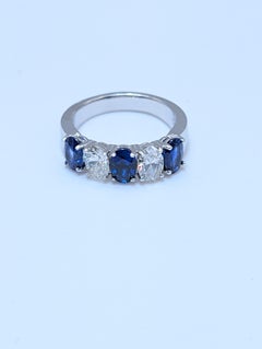 14K White Gold Ring with Oval Cut Diamonds and Blue Sapphires