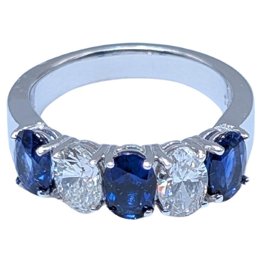 14K White Gold Ring with Oval Cut Diamonds and Blue Sapphires