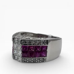 14K White Gold Ring with Princess Cut Rubies and Diamonds. (Size 7.75)