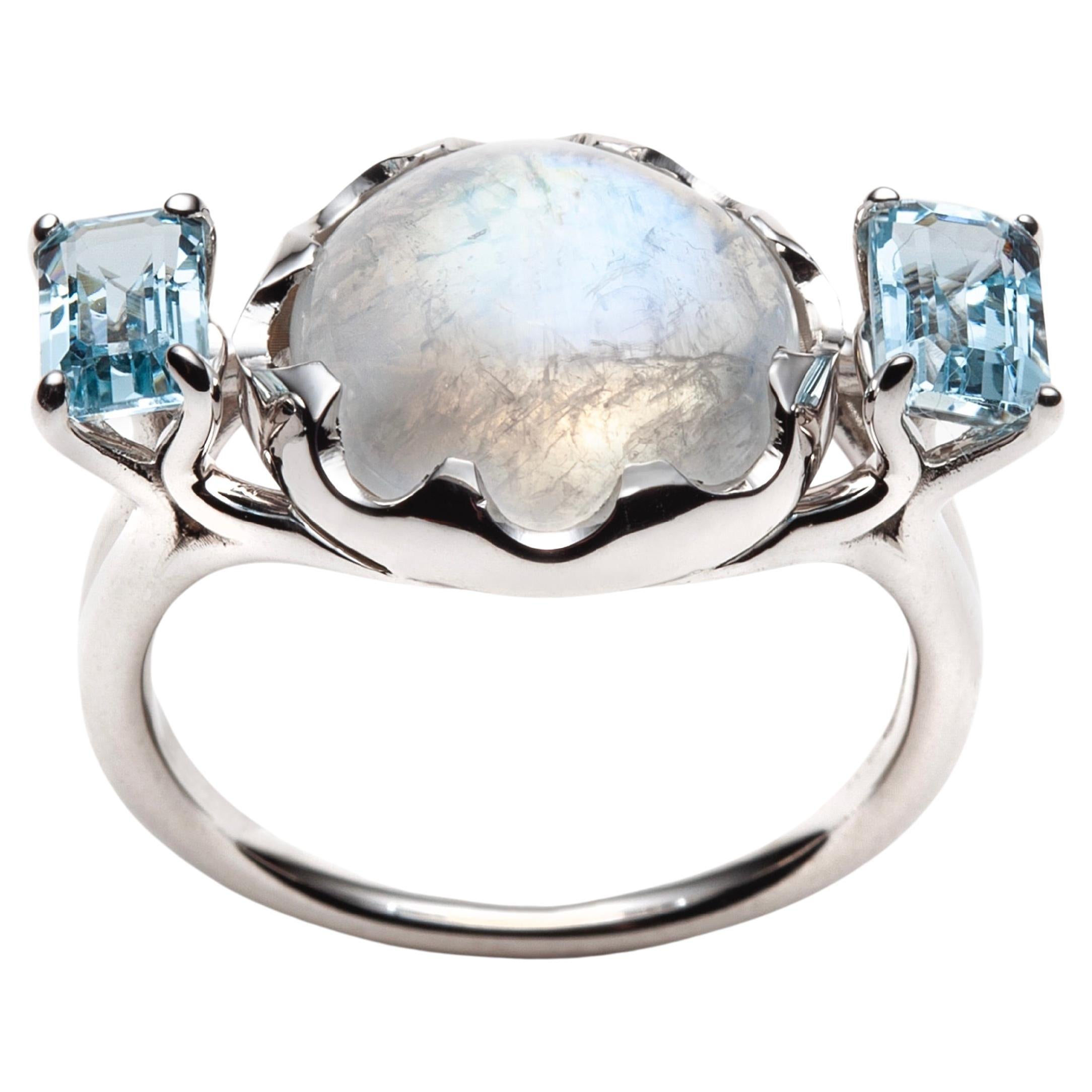 14k White Gold Ring with Round Moonstone Cabochon + Two Emerald-cut Aquamarines
