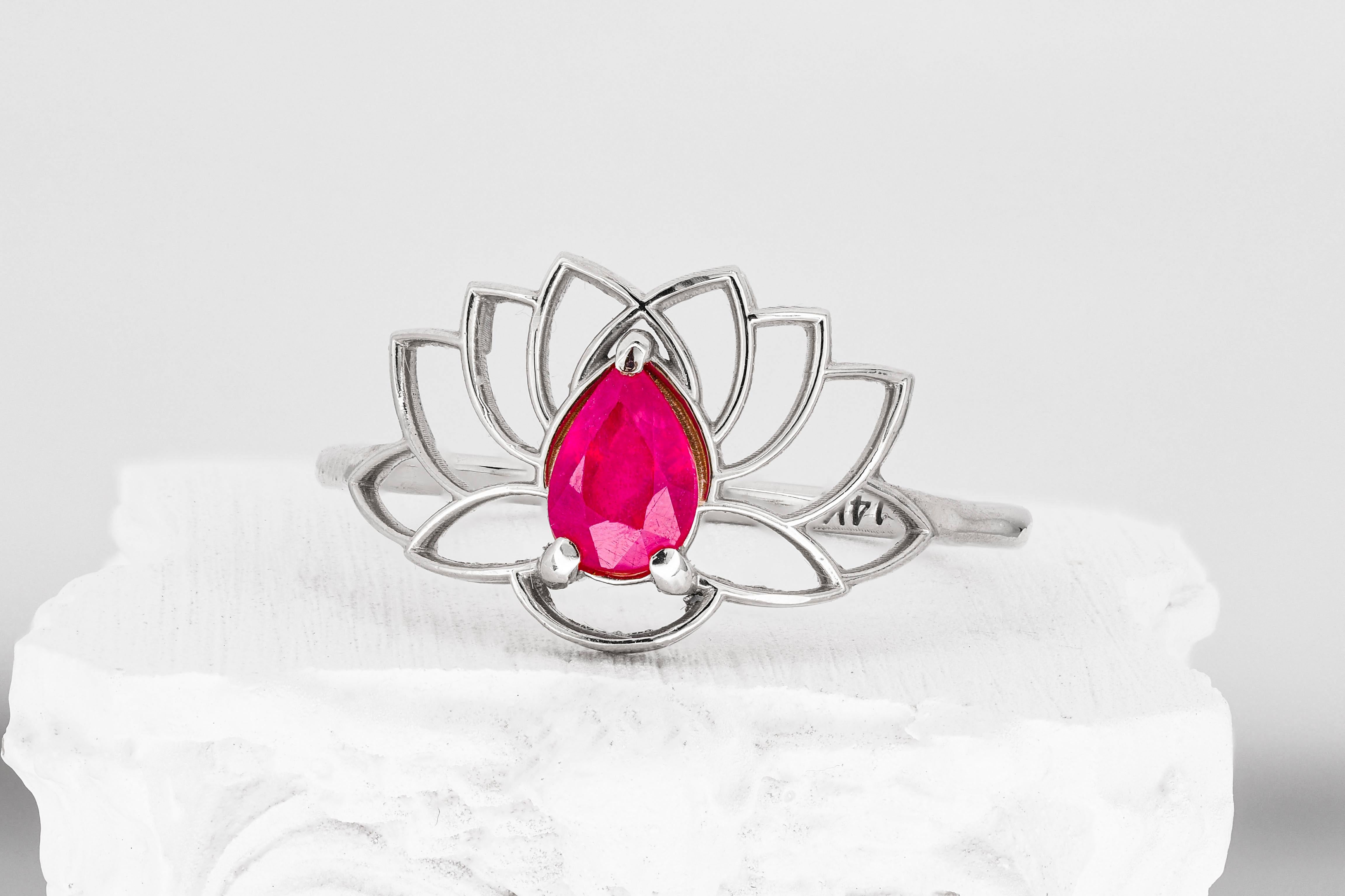 For Sale:  Pear ruby ring in 14 karat gold. Lotus ring with ruby 9