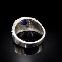 14k White Gold “Rolex Motif” Blue Sapphire & Natural Diamond Cluster Ring