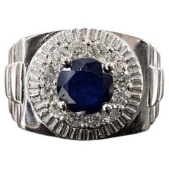 14k White Gold “Rolex Motif” Blue Sapphire & Natural Diamond Cluster Ring