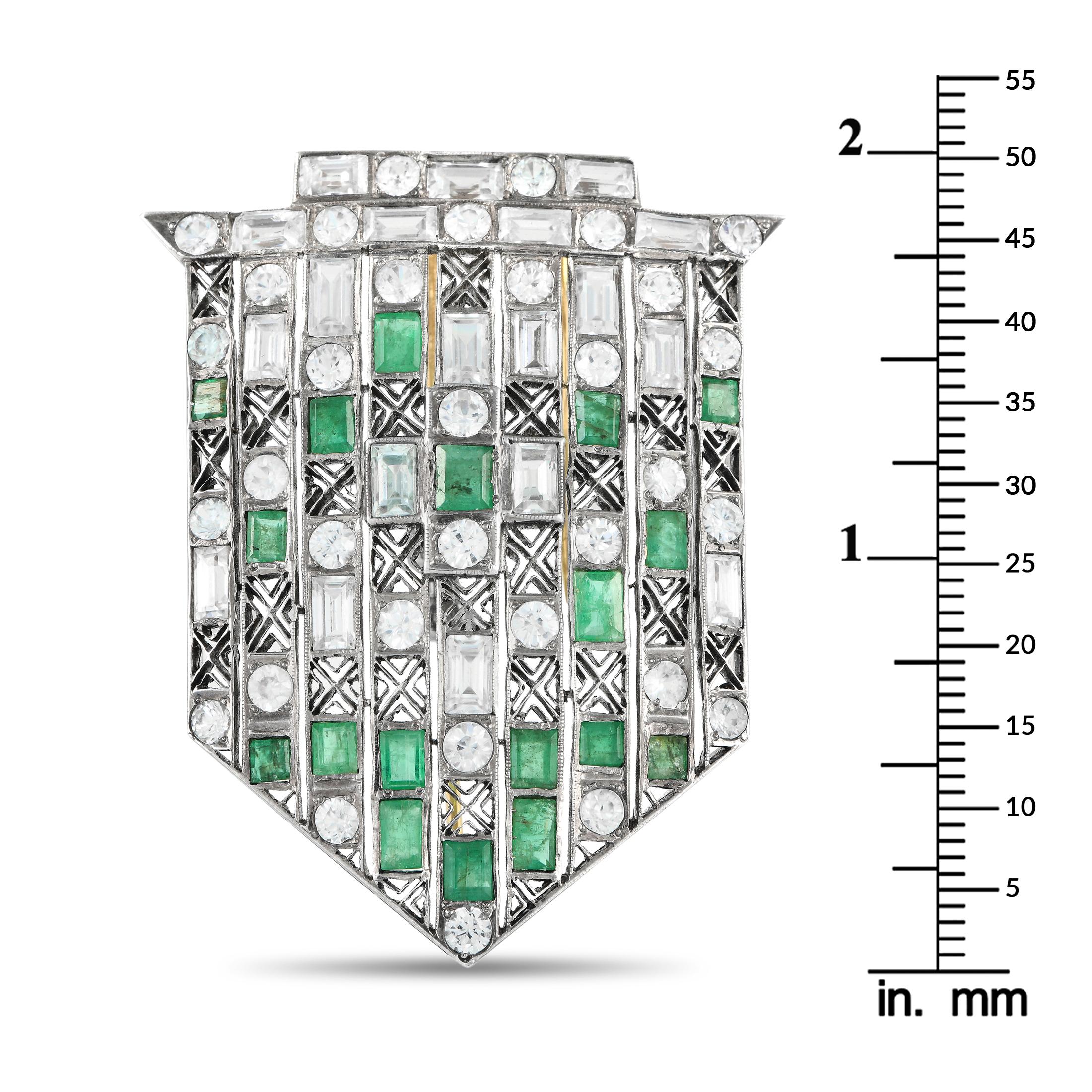Round Cut 14K White Gold, Rose Gold Emerald and White Sapphire Brooch