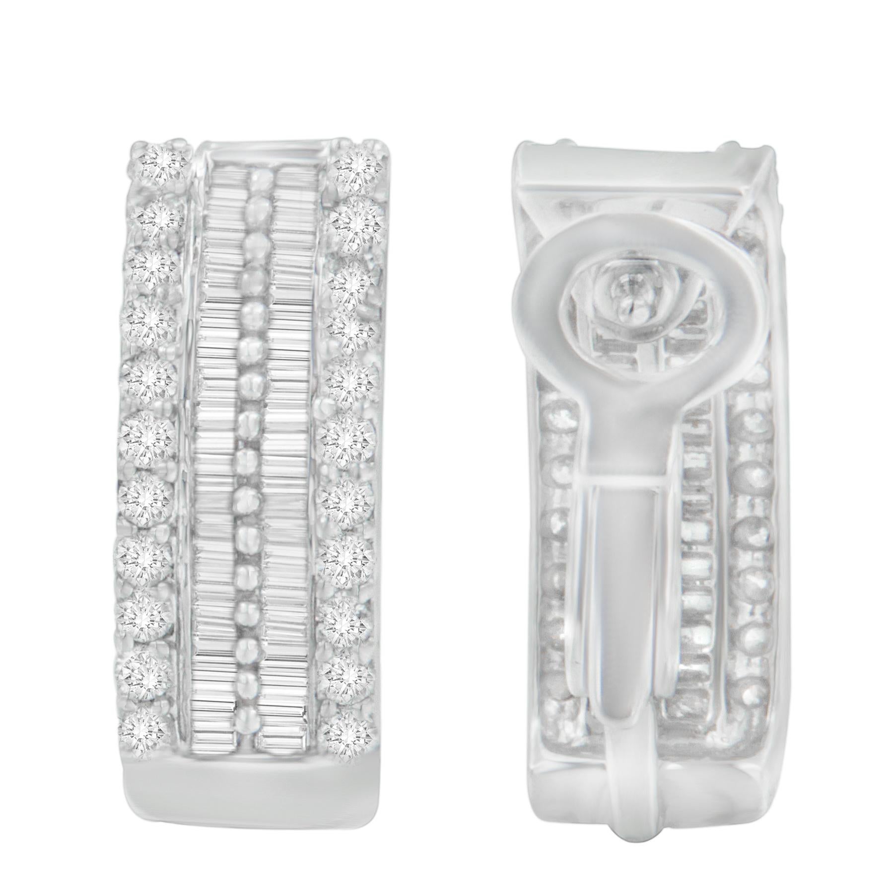Contemporary 14K White Gold 1 1/2 Carat Round and Baguette-Cut Diamond Earrings For Sale