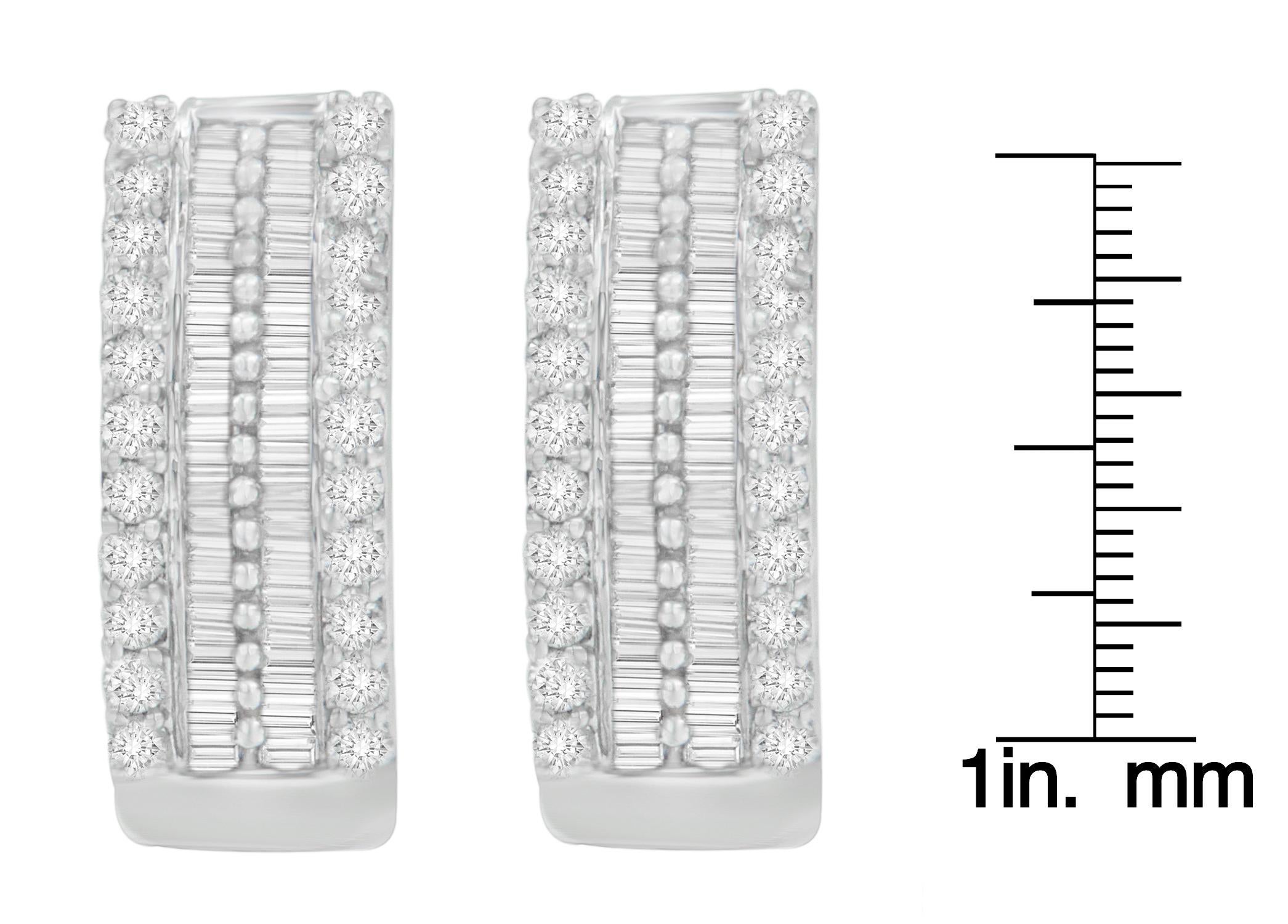 Round Cut 14K White Gold 1 1/2 Carat Round and Baguette-Cut Diamond Earrings For Sale