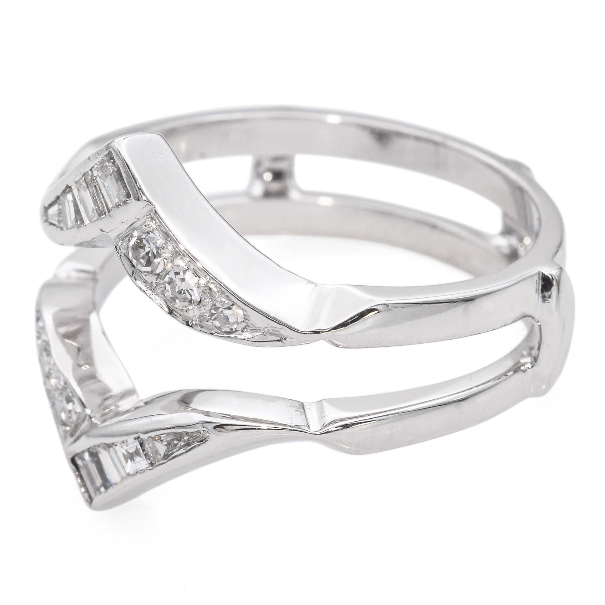 Mixed Cut 14k White Gold Round and Baguette Diamond Engagement Ring Enhancer For Sale