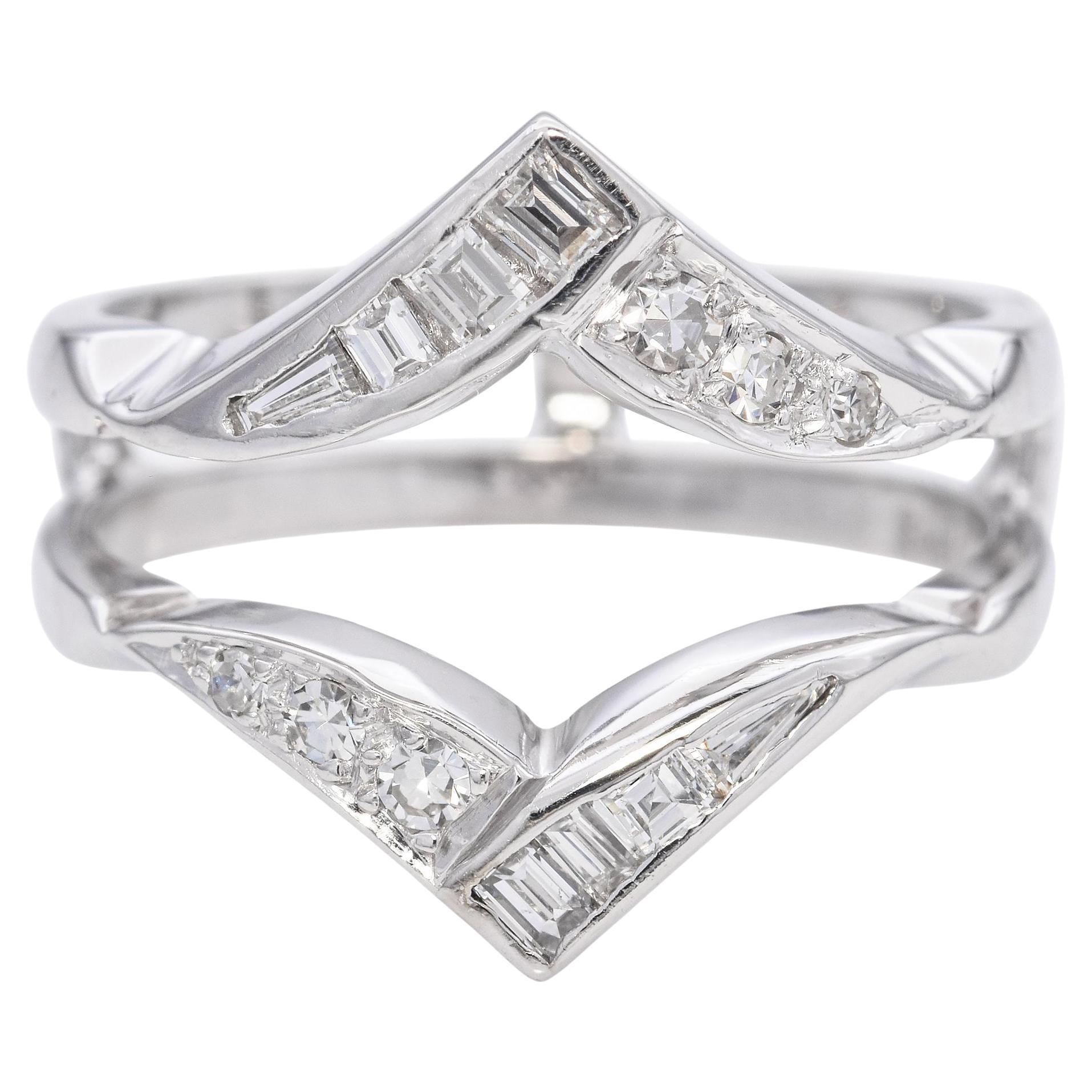 14K White Gold Round and Baguette Diamond Engagement Ring Enhancer