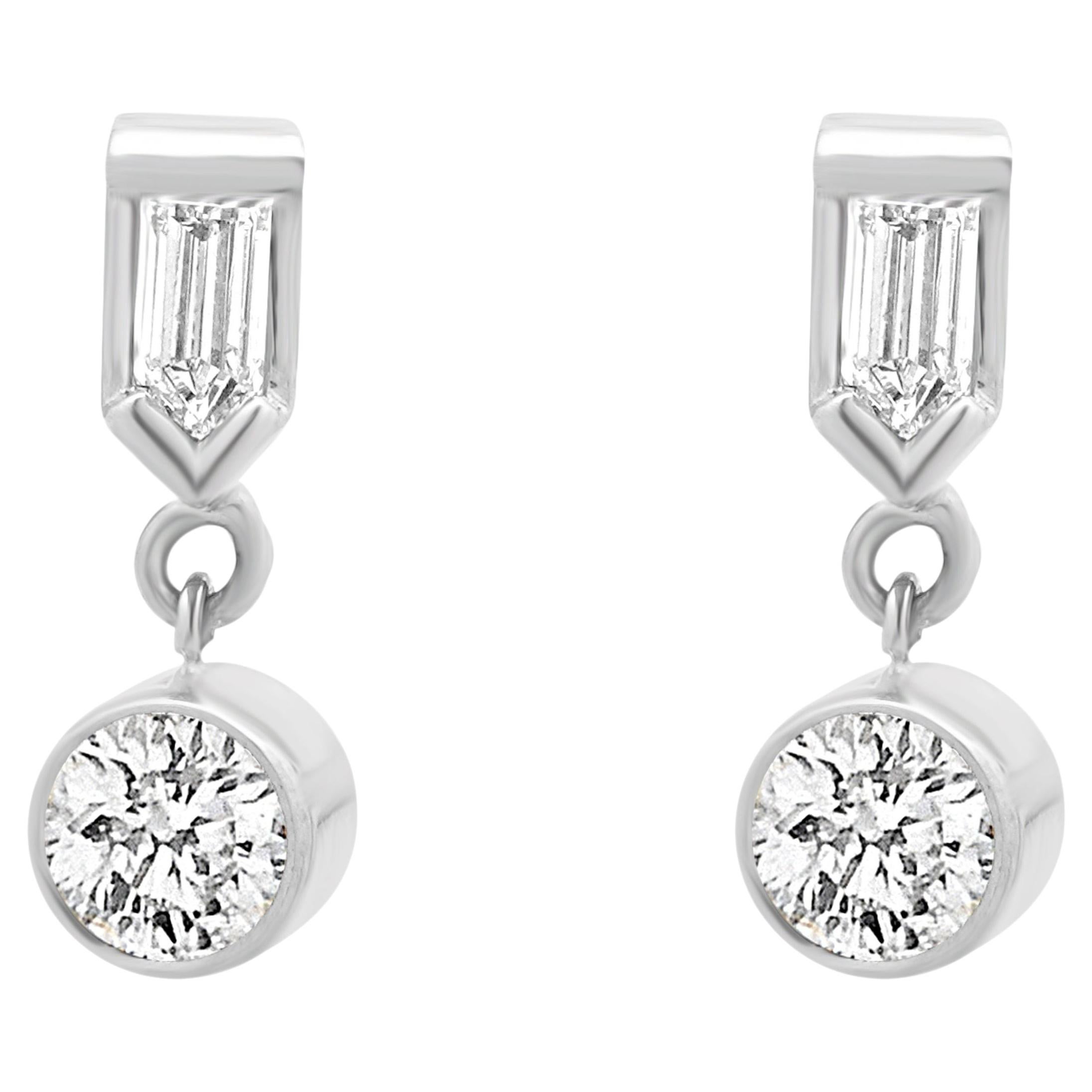 14K White Gold Round and Bullet Cut Diamond Dangle Earrings For Sale