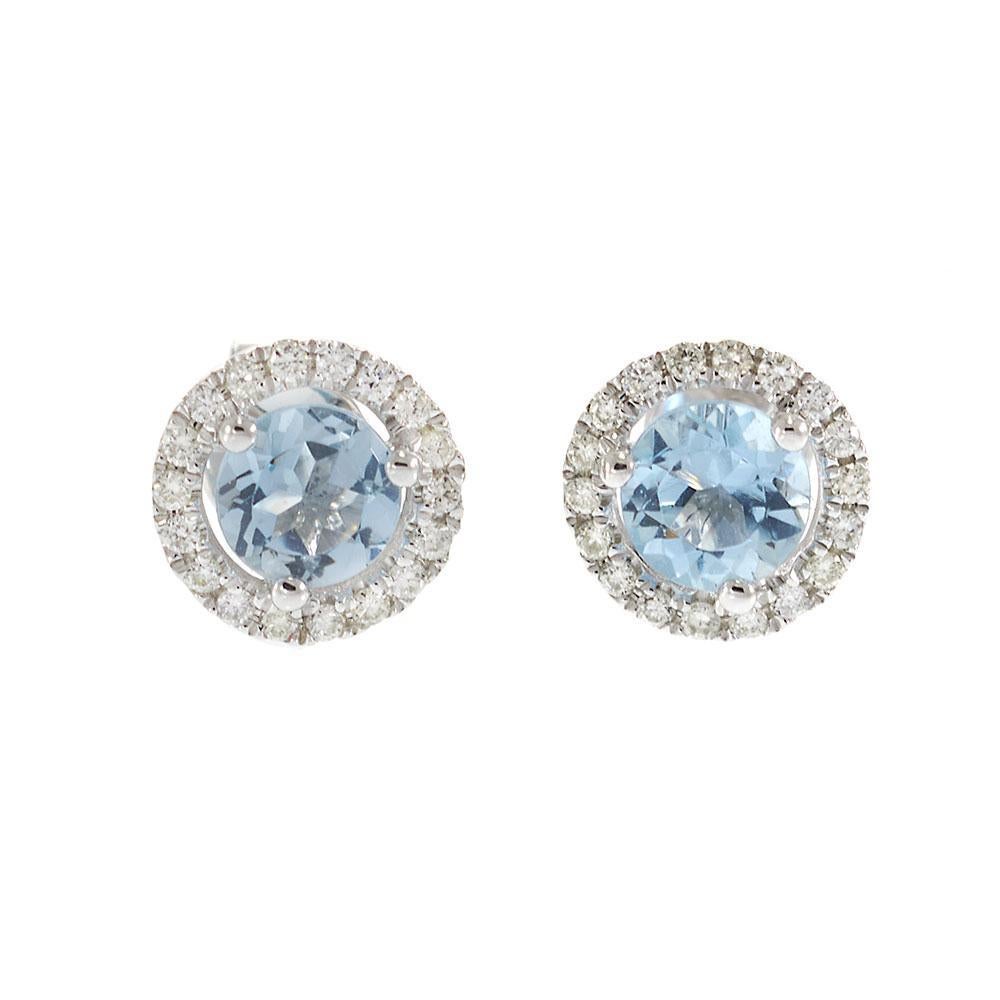 Orecchini a perno in oro bianco 14K con acquamarina rotonda e diamante In condizioni Nuovo in vendita a New York, NY