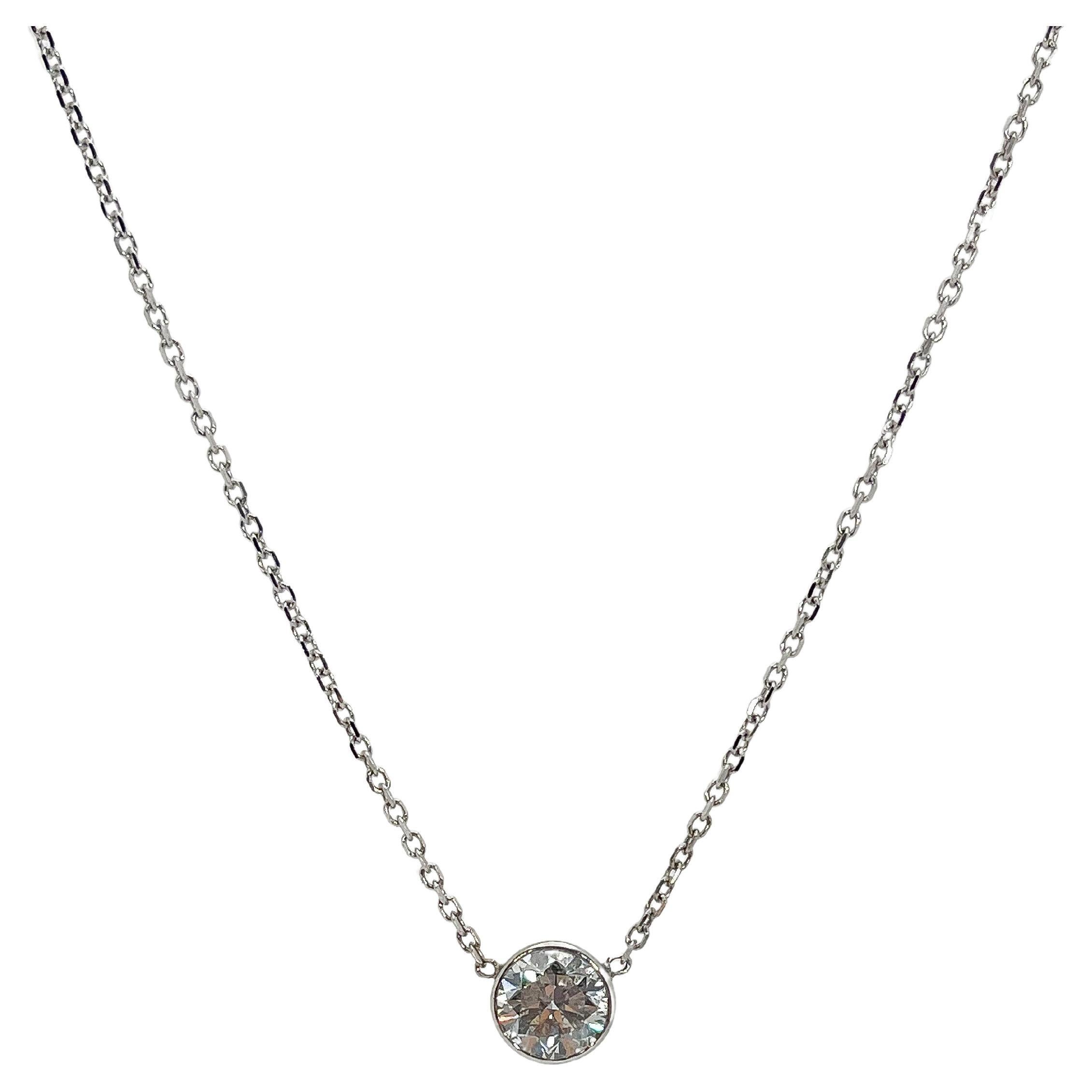 14K White Gold Round Bezel 1.5 CT Diamond Necklace