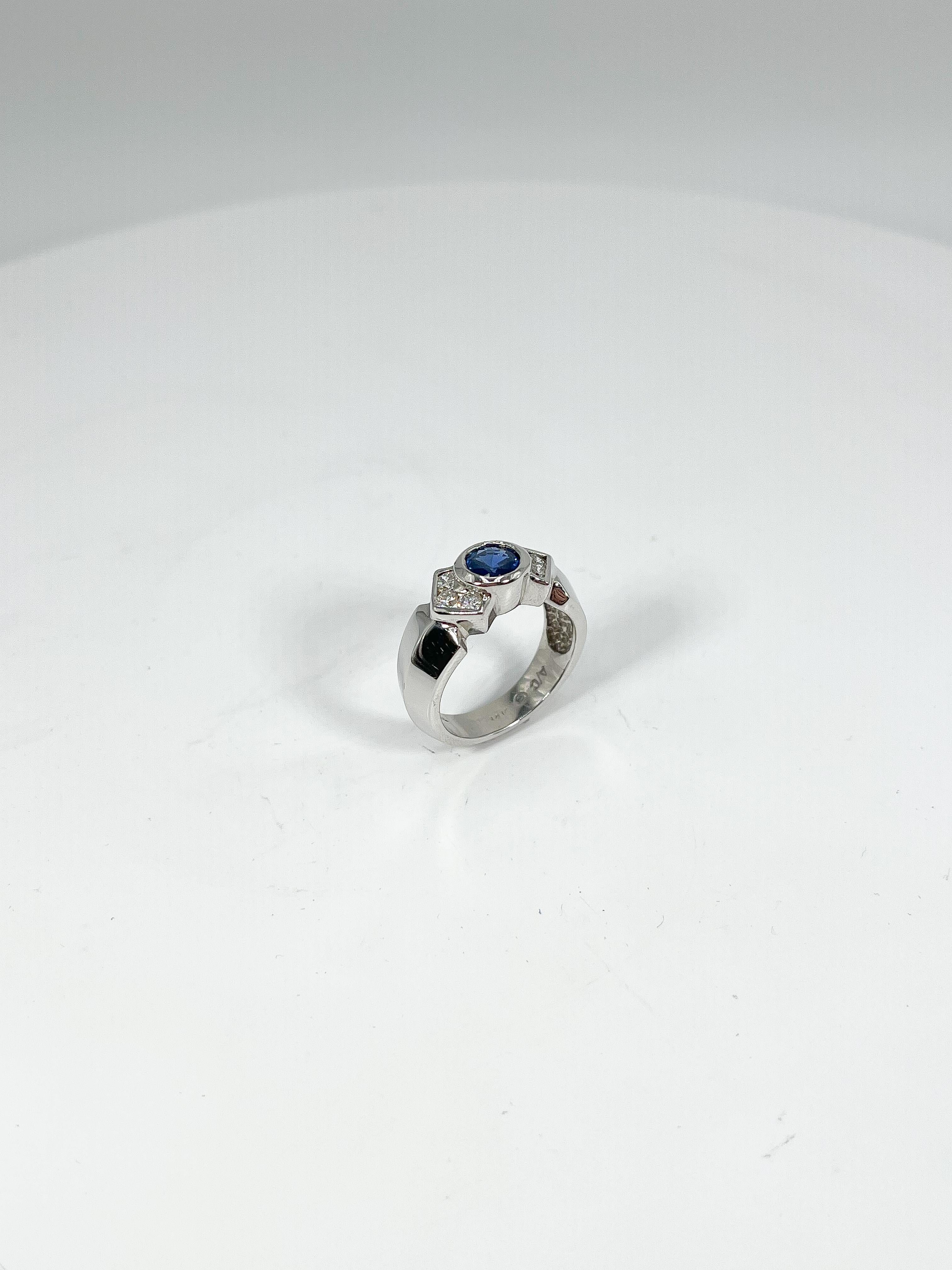 Round Cut 14K White Gold Round Bezel .60 CT Sapphire and .50 CTW Diamond Ring For Sale