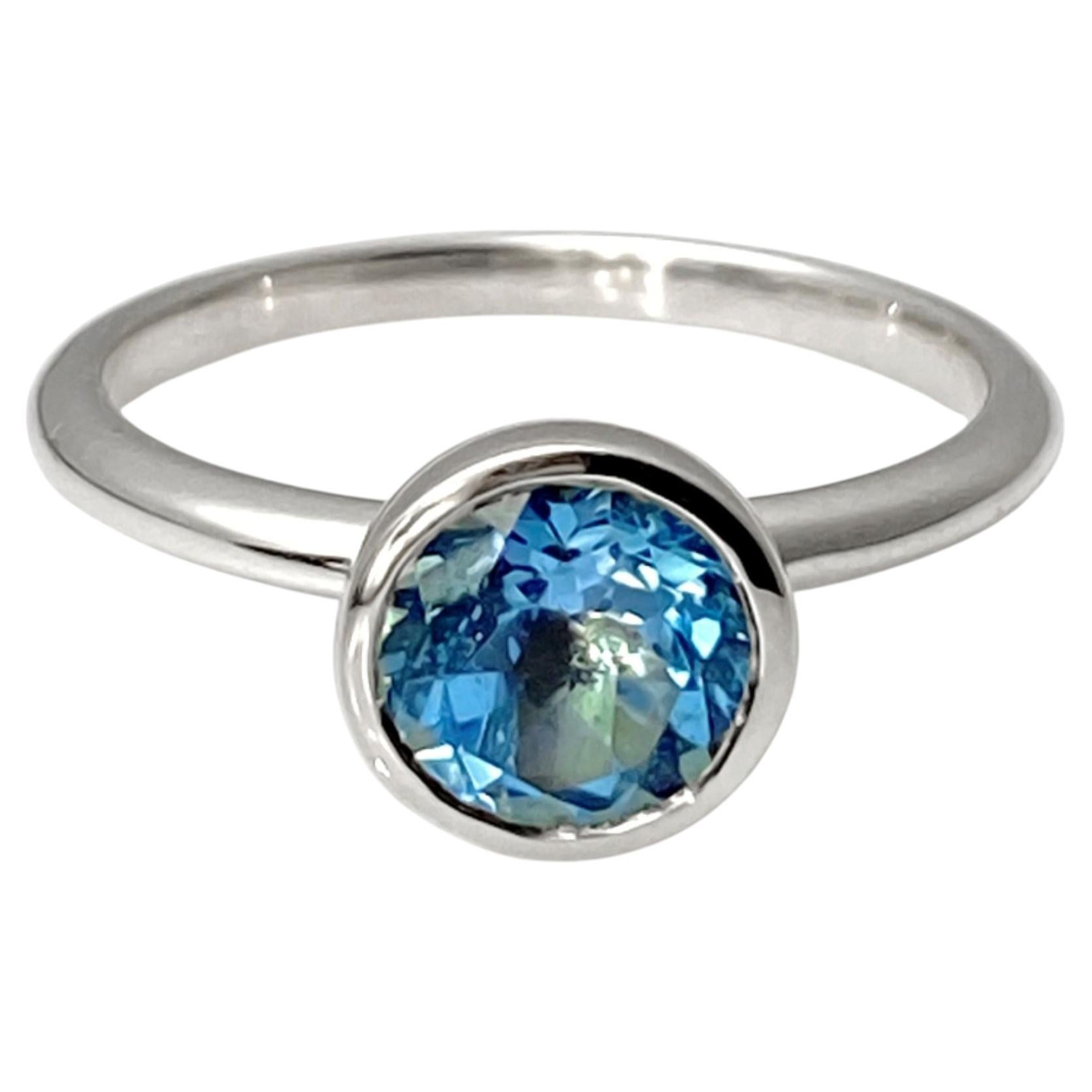 14K White Gold Round Bezel Set Swiss Blue Topaz Solitaire Ring
