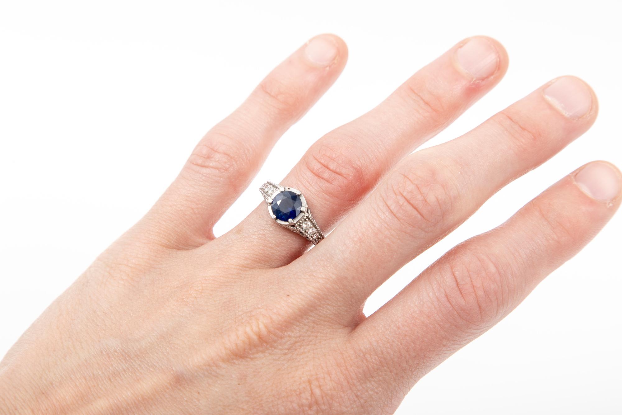 14k White Gold Round Blue Sapphire, 1.44 CTS and Diamond Ring For Sale 5