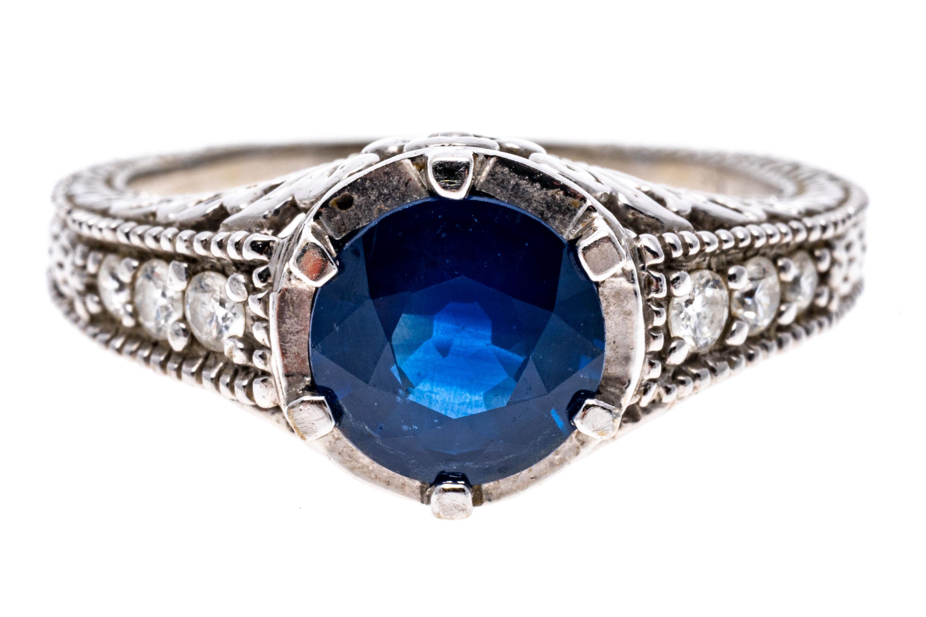 Art Deco 14k White Gold Round Blue Sapphire, 1.44 CTS and Diamond Ring For Sale