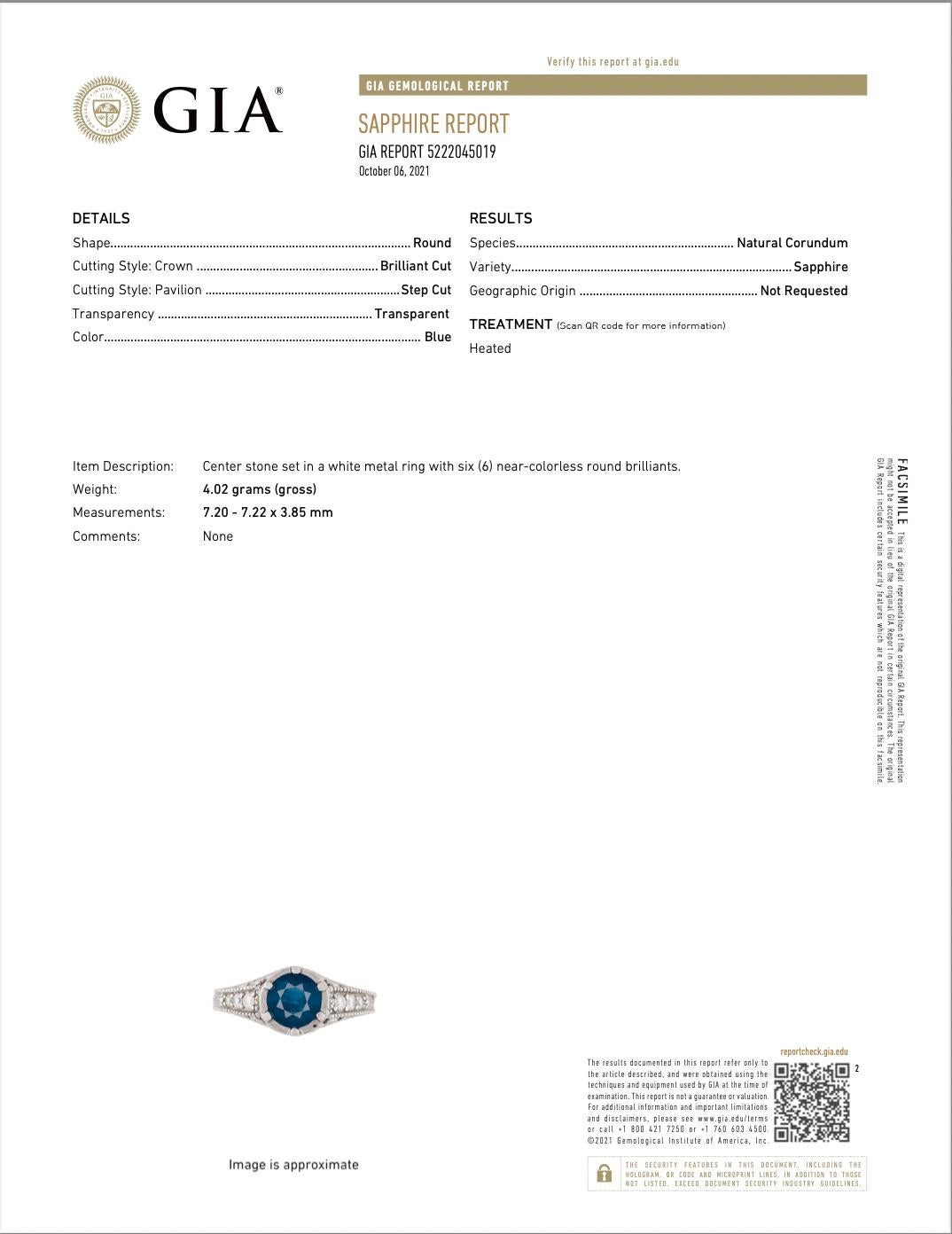 14k White Gold Round Blue Sapphire, 1.44 CTS and Diamond Ring For Sale 4