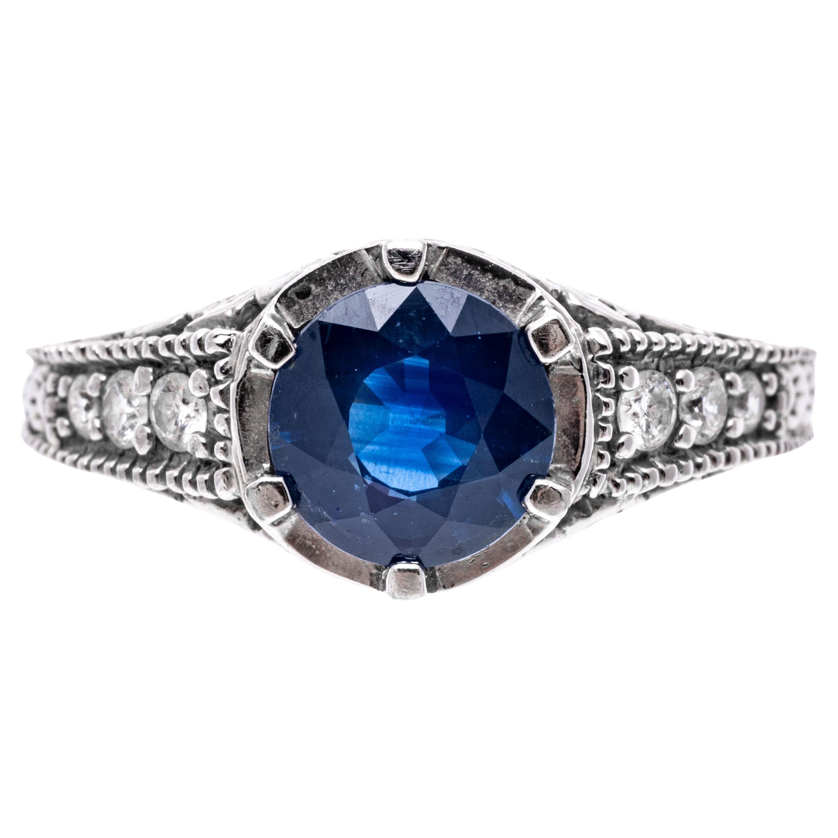 14k White Gold Round Blue Sapphire, 1.44 CTS and Diamond Ring For Sale