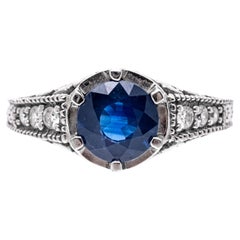 Vintage 14k White Gold Round Blue Sapphire, 1.44 CTS and Diamond Ring