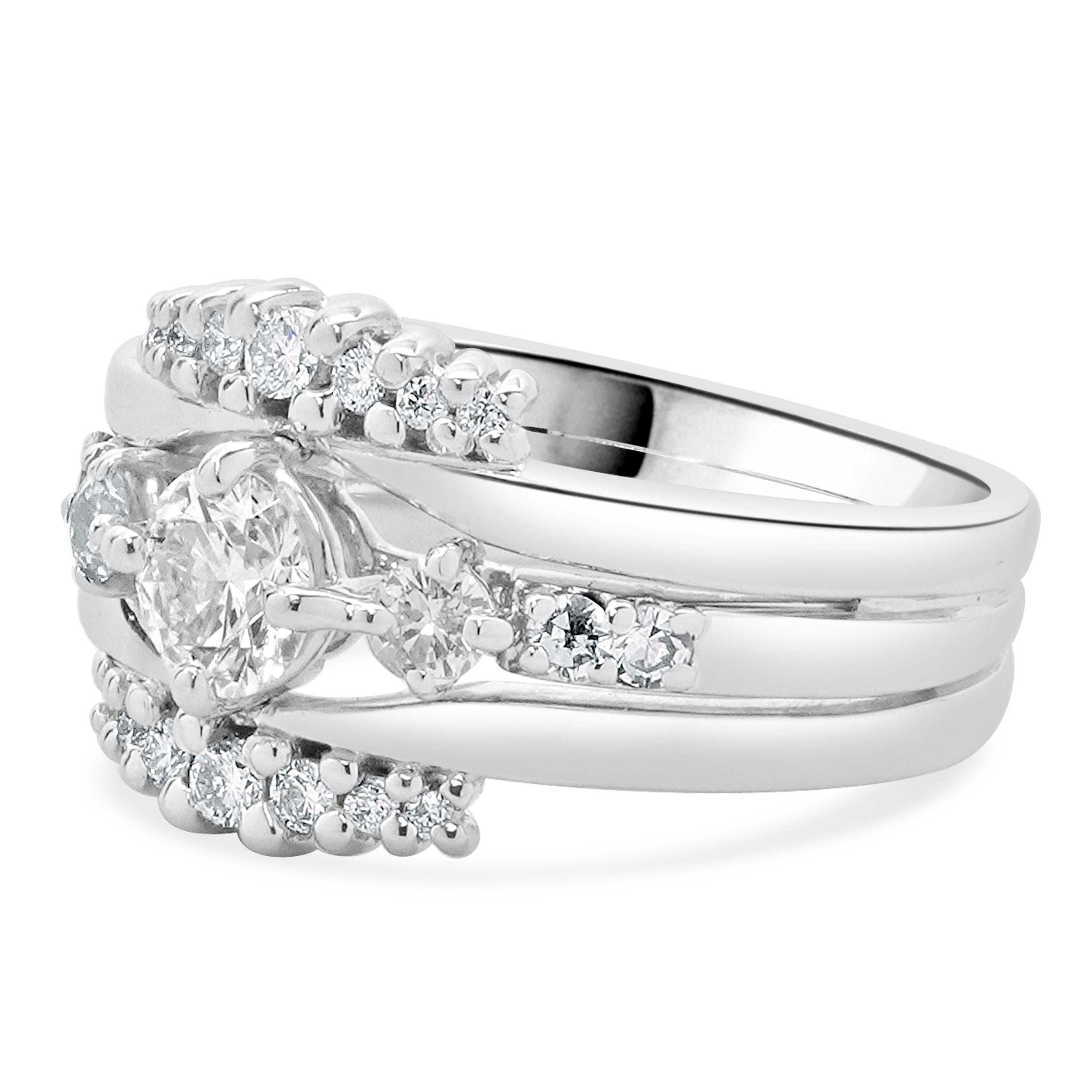 Material: 14K white gold
Center Diamond: round brilliant cut = 0.43ct
Color: H
Clarity: VS2
GIA: 1146031890
Diamond: 20 round brilliant cut = 0.47cttw
Color: H
Clarity: SI1-2
Ring Size: 6.75 (please allow up to 2 additional business days for sizing