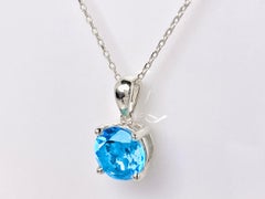 14K White Gold Round Cut Blue Topaz Solitaire Brilliance Pendant