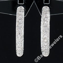 14K White Gold Round Cut Diamond 3 Row Pave In & Out Hoop Huggie Snap Earrings