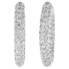 14K White Gold Round Cut Diamond 3 Row Pave In & Out Hoop Huggie Snap Earrings