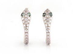 14KT White Gold Round Cut Diamond and Emerald Snake Huggie Hoop Earrings