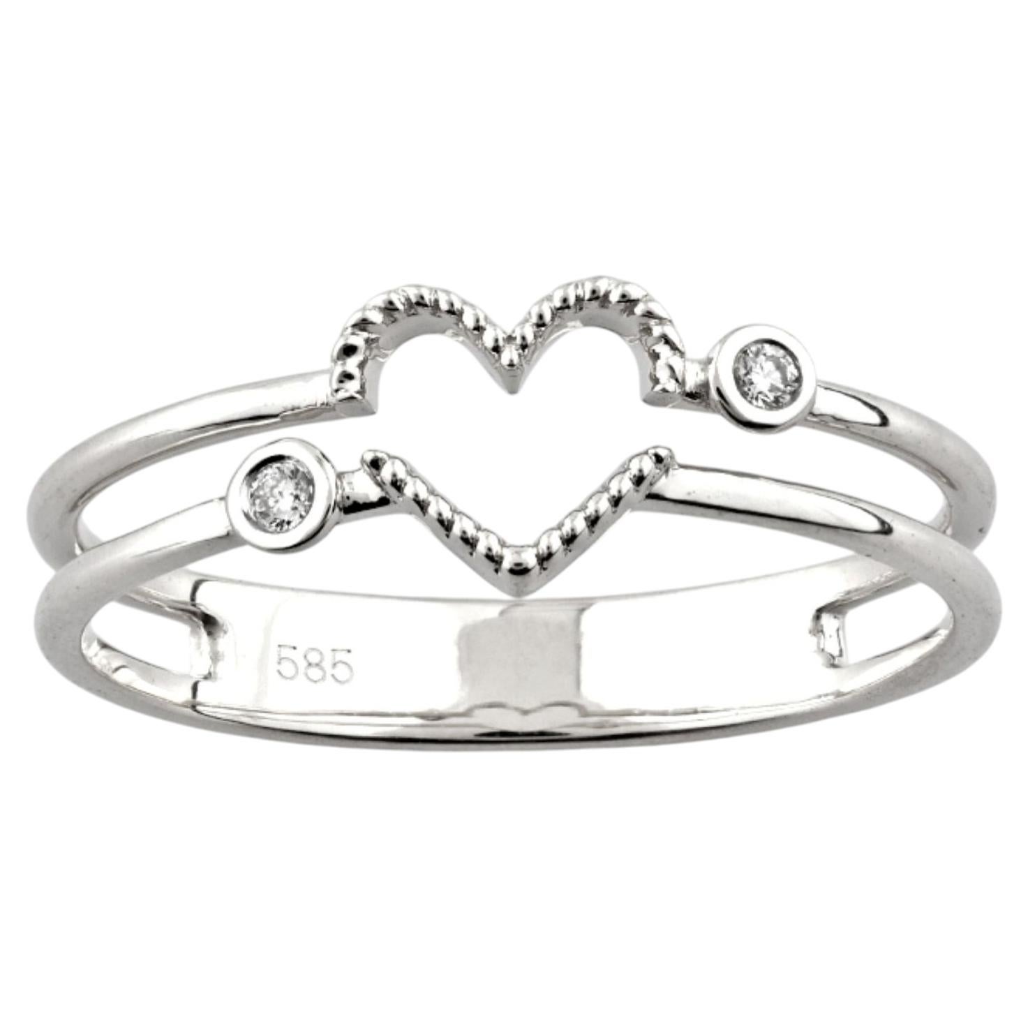 Bague à double anneau en or blanc 14K avec diamants taillés en rond et perles en forme de cœur ouvert