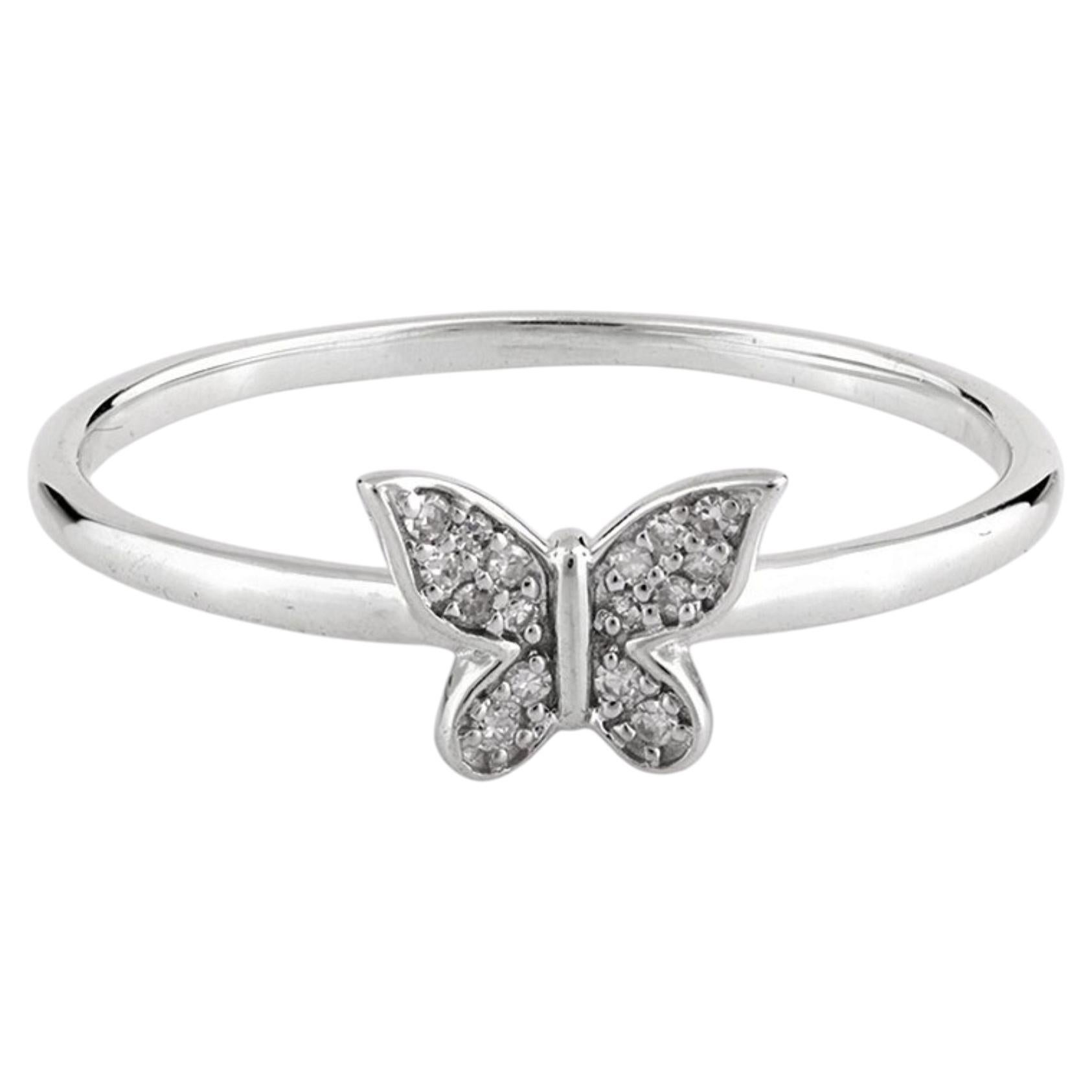 14K White Gold Round Cut Diamond Butterfly Motif Stackable Ring