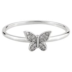 14K White Gold Round Cut Diamond Butterfly Motif Stackable Ring