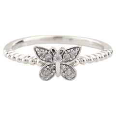 14K White Gold Round Cut Diamond Butterfly Ring With Beaded Band