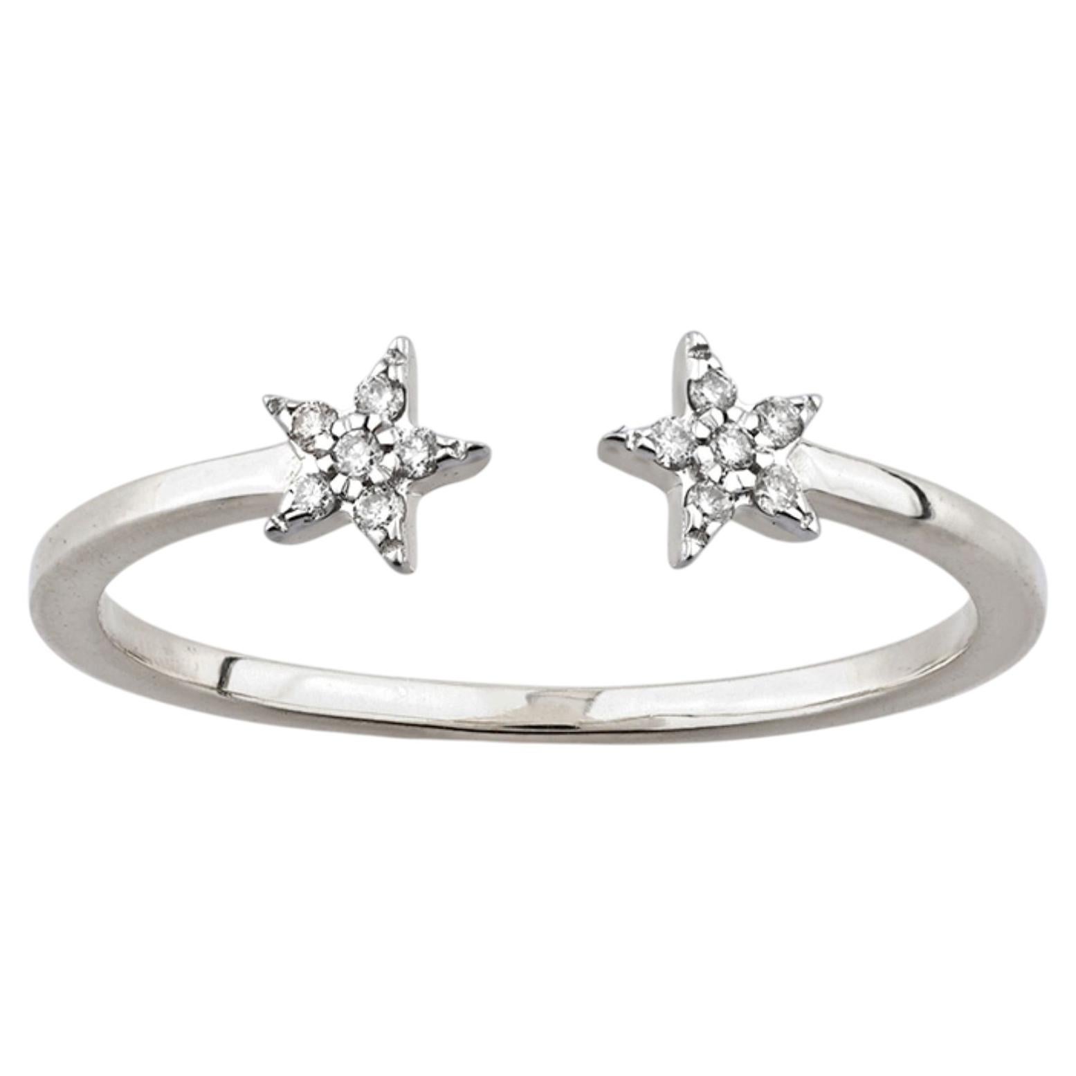 14K White Gold Round Cut Diamond Celestial Twin Star Open Cuff Ring