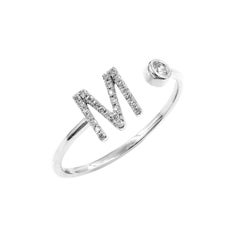 14K White Gold Round Cut Diamond Elegant Initial "M" Diamond Open Wrap Ring
