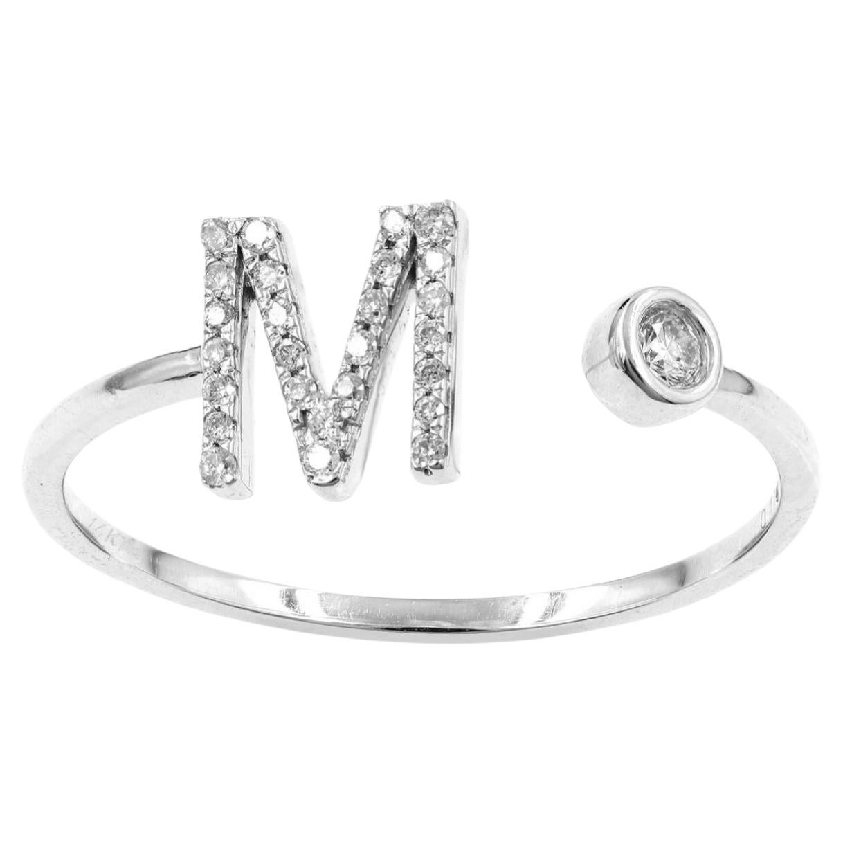 Anello con diamante a taglio tondo in oro bianco 14K con iniziale "M" Eleg e anello aperto