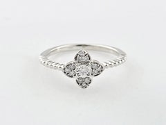 14K White Gold Round Cut Diamond Floral Cluster with Beaded Ring