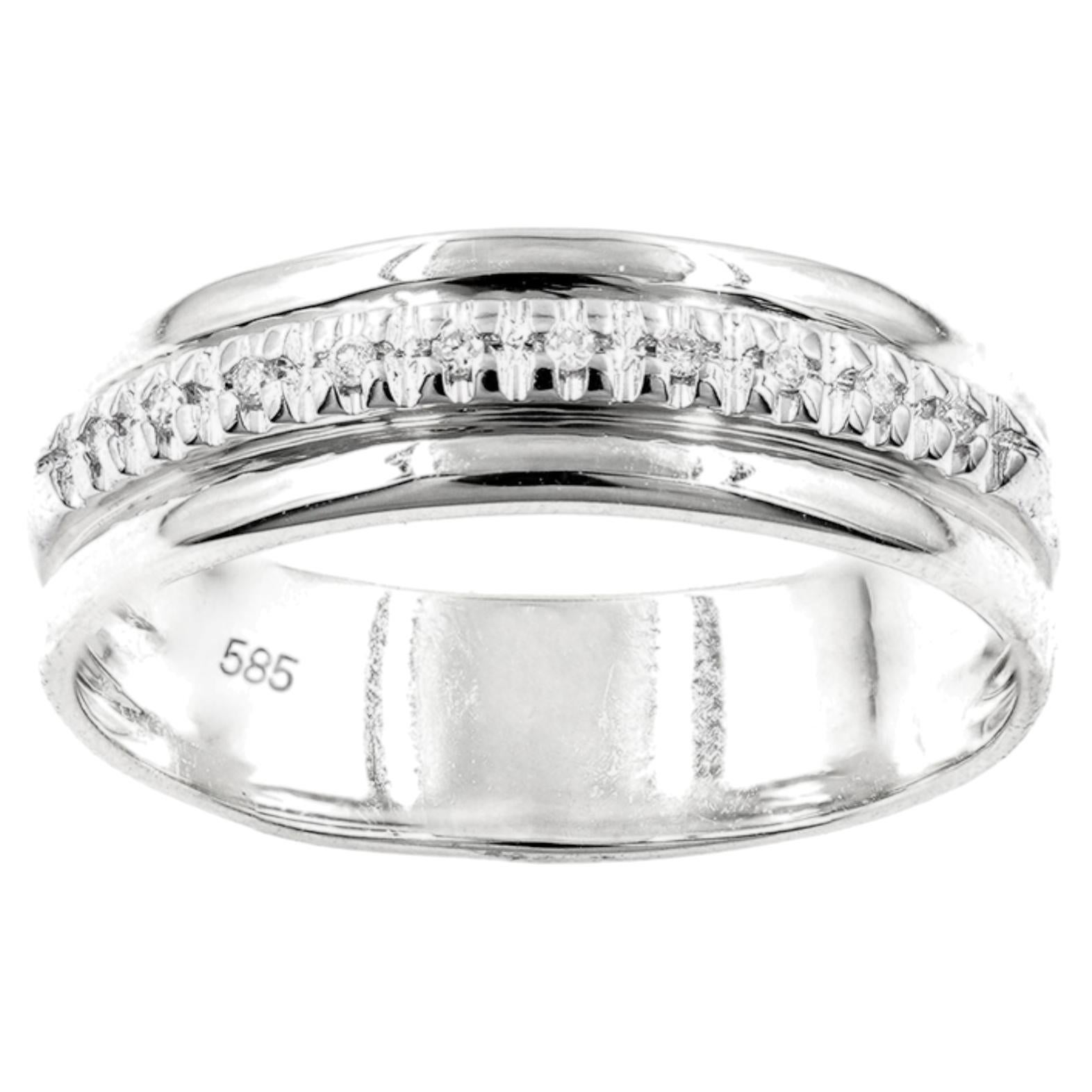 14K White Gold Round Cut Diamond Grooved Accents Band Ring