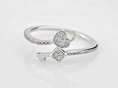14K White Gold Round Cut Diamond Heart and Key Bypass Ring