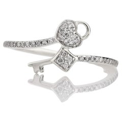 14K White Gold Round Cut Diamond Heart and Key Bypass Ring