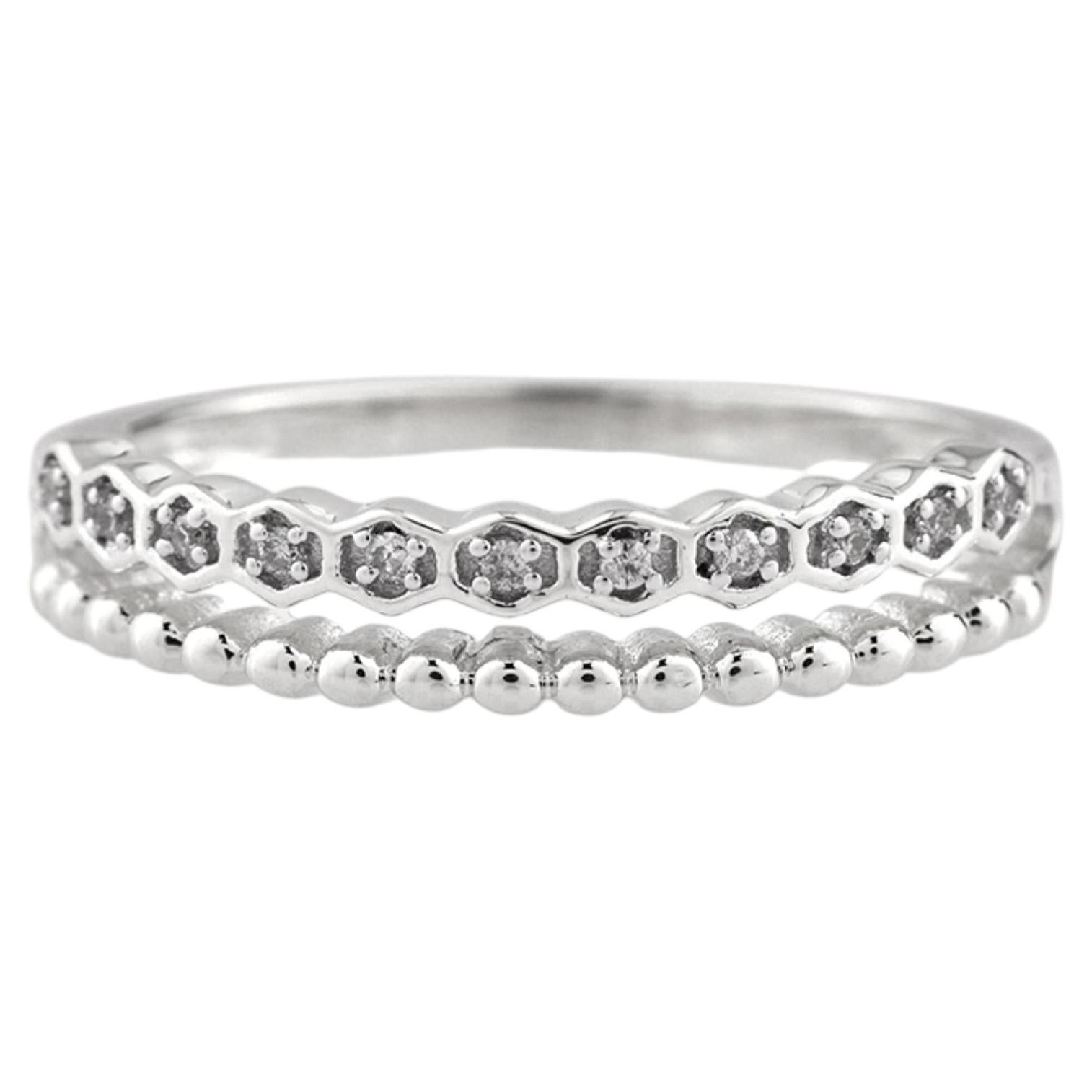 14K Weißgold Rundschliff Diamant Sechseck und Perlen Doppelring im Angebot