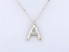 14K White Gold Round Cut Diamond Initial "A" Pendant Necklace