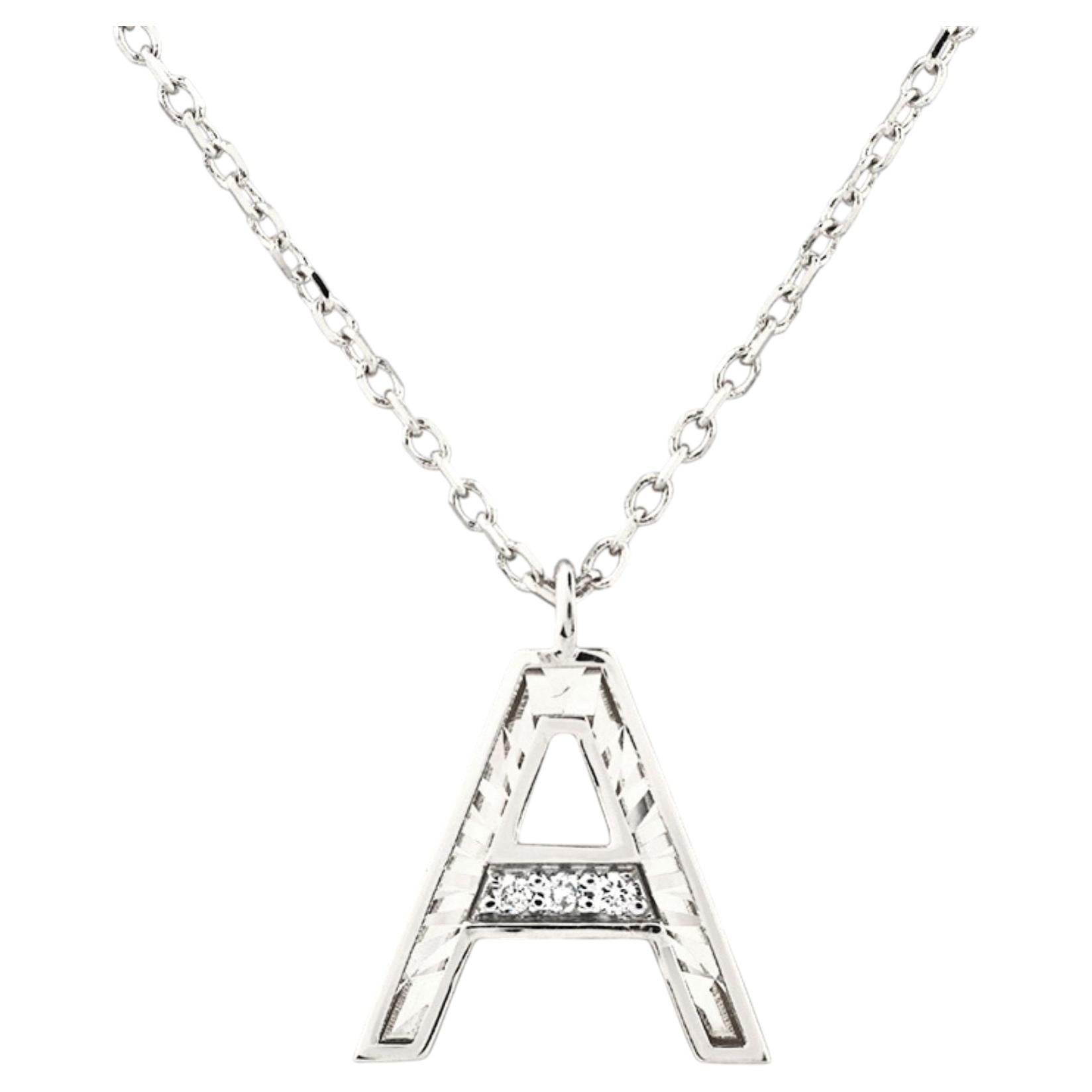 14K White Gold Round Cut Diamond Initial "A" Pendant Necklace