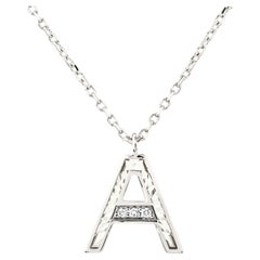 14K White Gold Round Cut Diamond Initial "A" Pendant Necklace