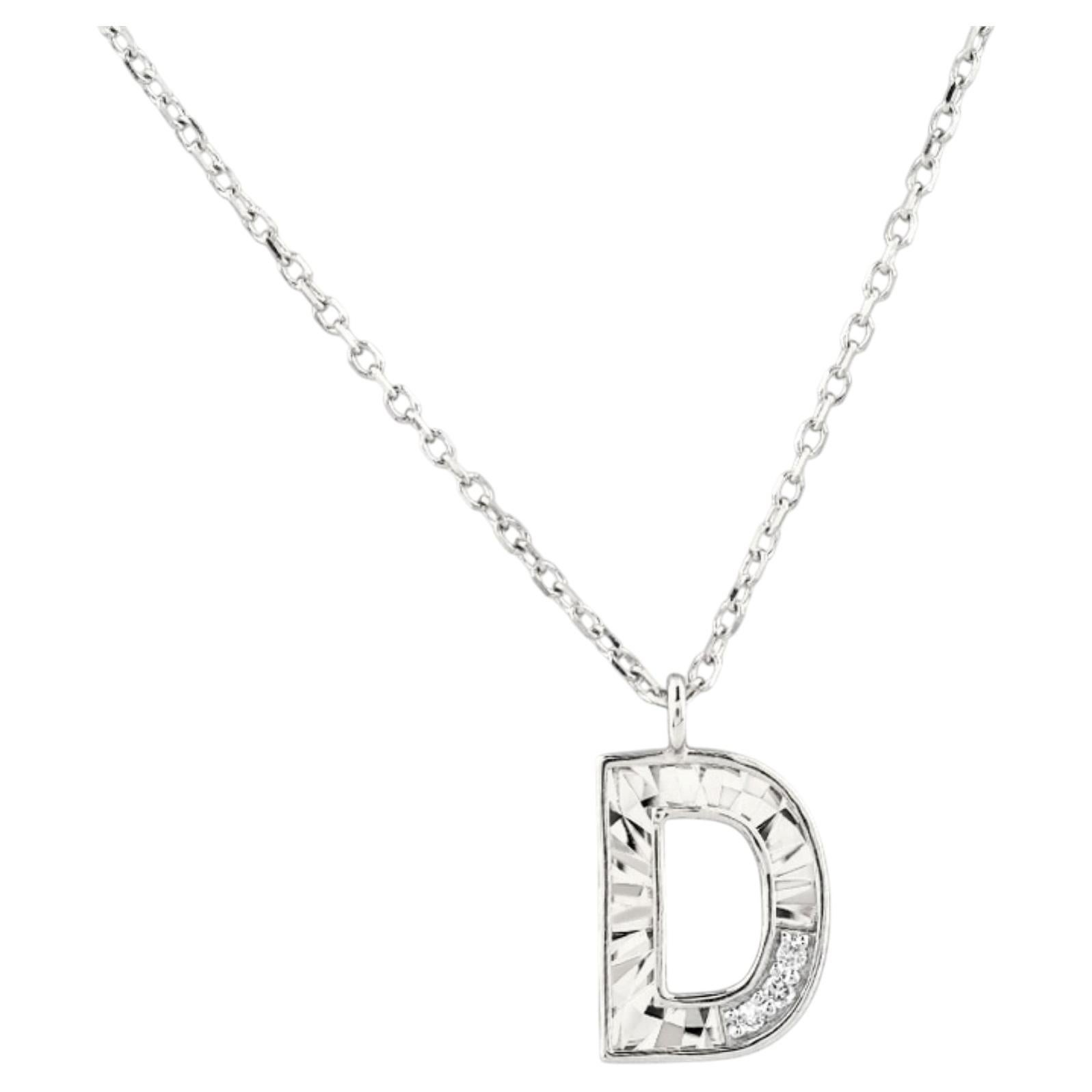 14K White Gold Round Cut Diamond Initial "D" Pendant Necklace