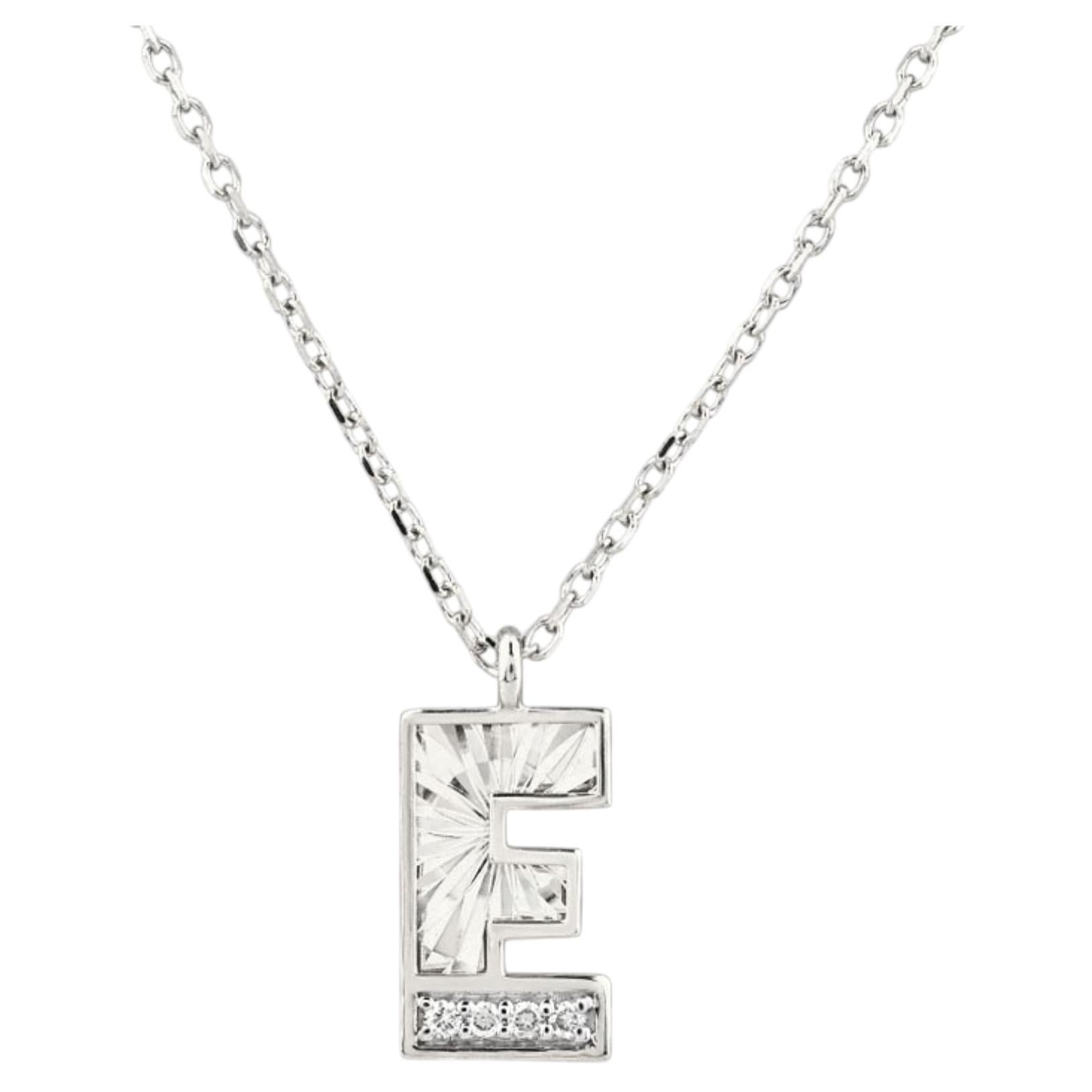 14K White Gold Round Cut Diamond Initial "E" Pendant Necklace