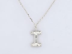 14K White Gold Round Cut Diamond Initial "I" Pendant Necklace