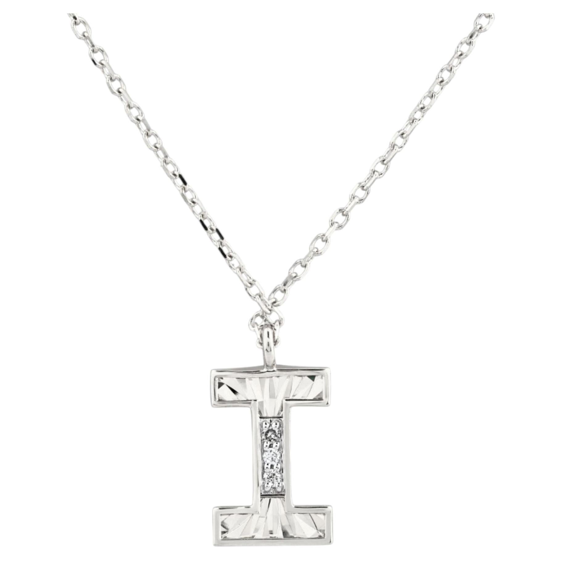 14K White Gold Round Cut Diamond Initial "I" Pendant Necklace For Sale