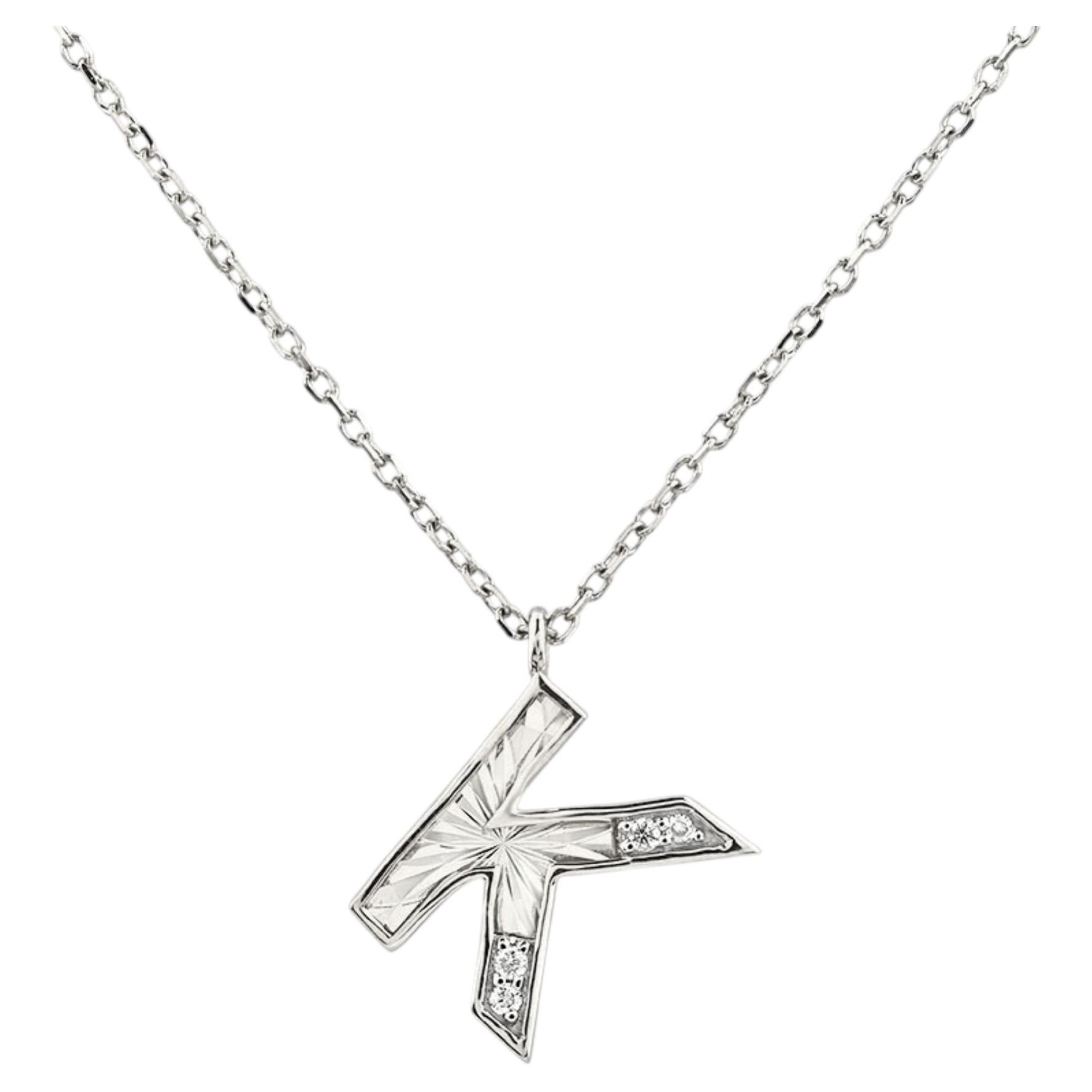 14K White Gold Round Cut Diamond Initial "K" Pendant Necklace