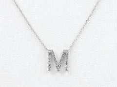 14K White Gold Round Cut Diamond Initial "M" Pendant Necklace