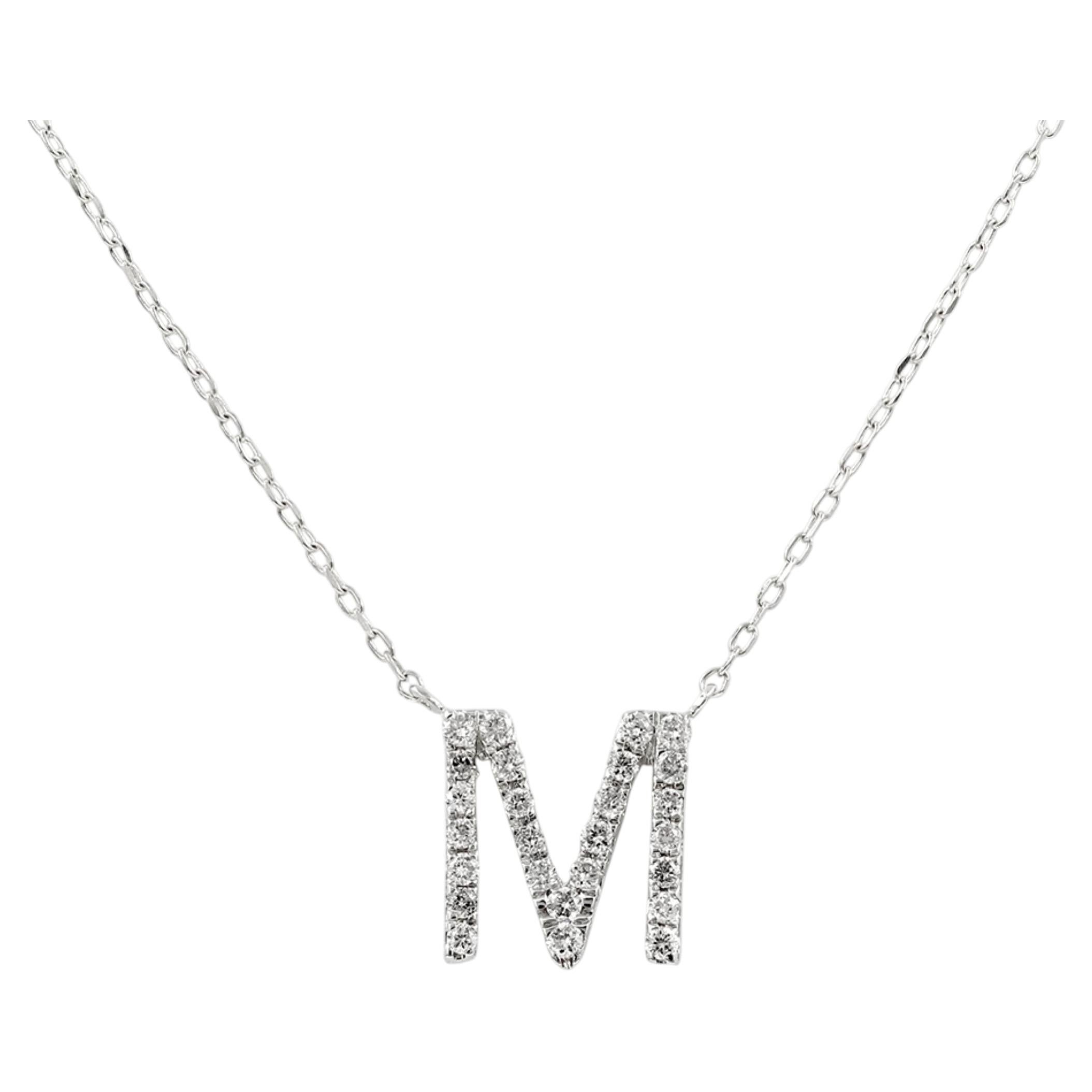14K White Gold Round Cut Diamond Initial "M" Pendant Necklace